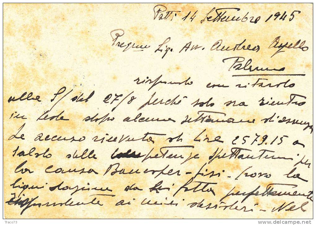 PATTI  -  PALERMO   - Card / Cartolina  -  14.09.1945 -  "Avv. Fortunato Gugliotta" - Monum. Distr.  Lire 1,20 - Poststempel