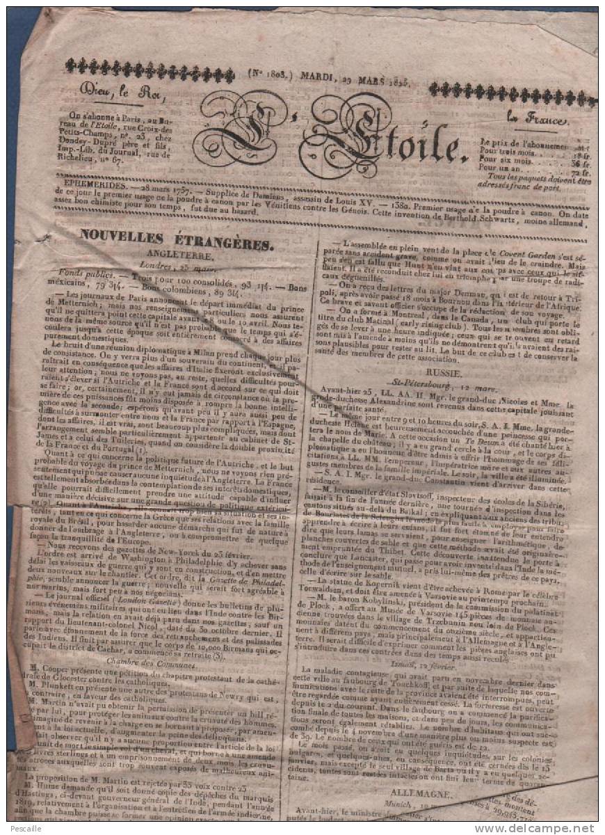 L´ETOILE 29 03 1825 - LONDRES - RUSSIE - SUISSE - METZ - TOULOUSE - COLONIES ANGLAISES - AFFAIRE PIERRE LOUIS FORT - 1800 - 1849