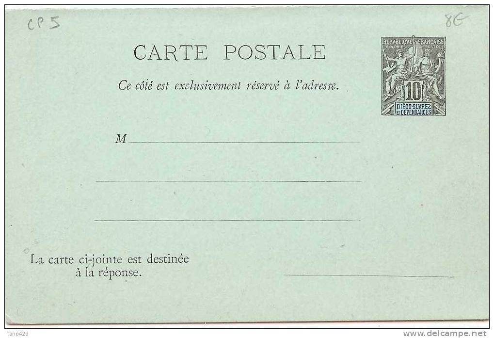 REF LVP8 - DIEGO SUAREZ ENTIER POSTAL CARTE POSTALE AVEC REPONSE PAYEE NEUVE - Storia Postale