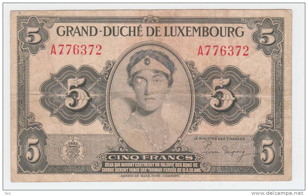 LUXEMBOURG 5 FRANCS 1944 P 43b 43 B - Luxemburg