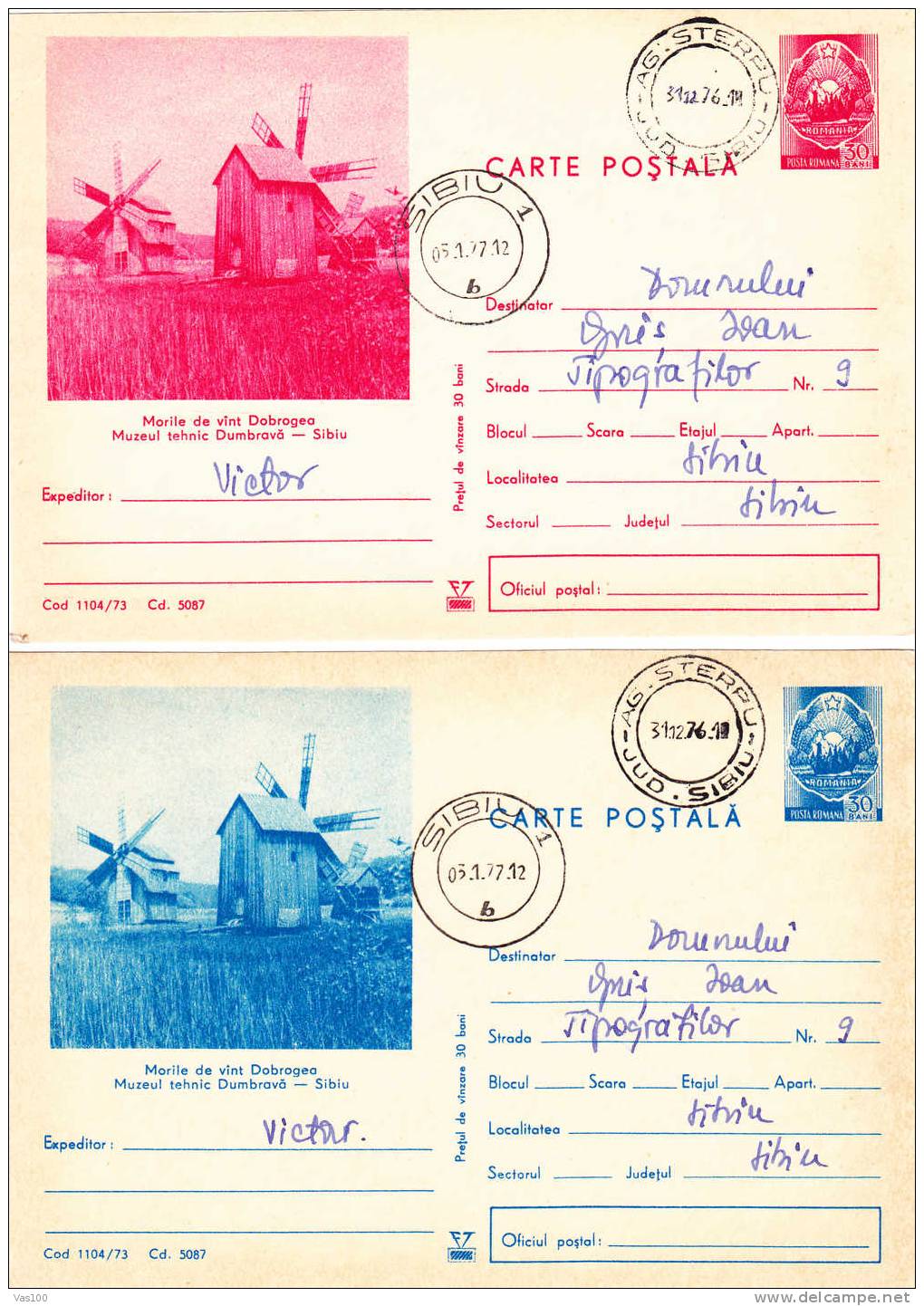 Windmills,moulins 2X PC Entier Postal Card Stationery 1973 Romania. - Moulins