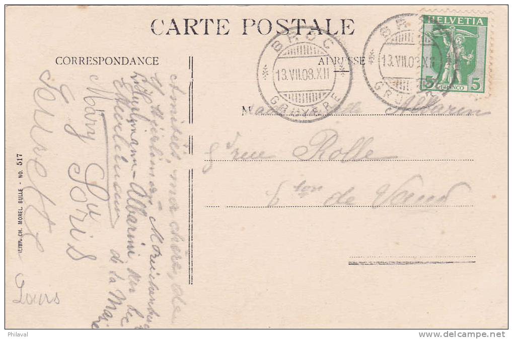 GRUYERES Côté Sud - Oblitérée Le 13.VII.1908 à Broc - Broc