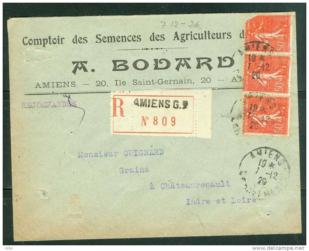 Lettre Recommandée De Amiens  G 2 ,   à 1,50 Fr  ( Maury N° 199  X 3 )  Le  07 /12/1926 - Bb11112 - Briefe U. Dokumente