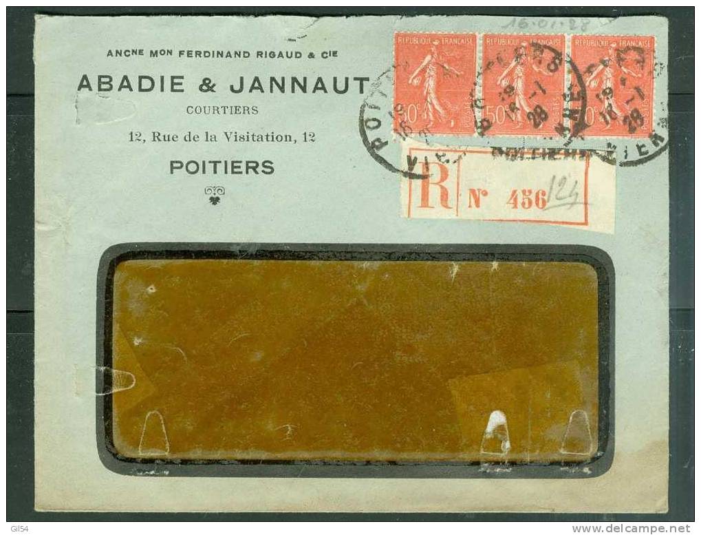 Lettre Recommandée De  Poitiers    à 1,50 Fr ( Maury N° 199 X 3 )  Le   16/01/1928 - Bb11315 - Briefe U. Dokumente