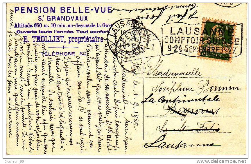 Pension Belle-Vue S/ Grandvaux, E. Trolliet / Comptoir De Lausanne 1922. Existe-t-elle Encore ? - Grandvaux