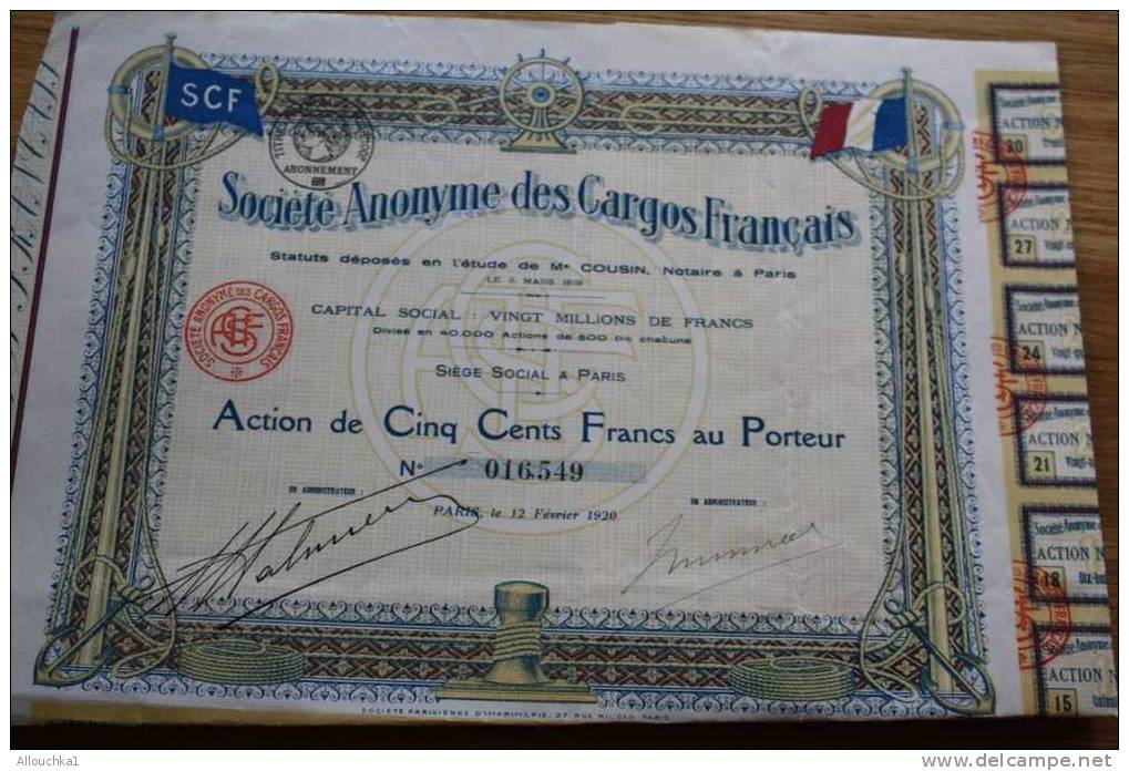 Société ANONYME DES CARGOS FRANCAIS >>MARITIME BATEAUX SCF  >SCRIPOPHILIE ACTION TITRE >500F SIEGE SOCIAL à PARIS 1920 - Navy