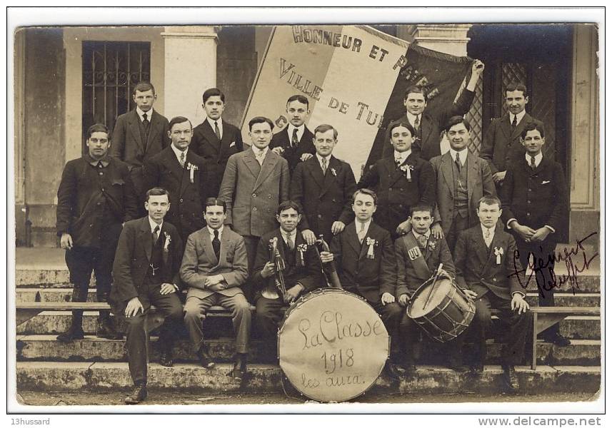 Carte Photo Ancienne Tullins - La Classe 1918 - Conscrits, Militaires, Instruments De Musique, Tambours - Tullins
