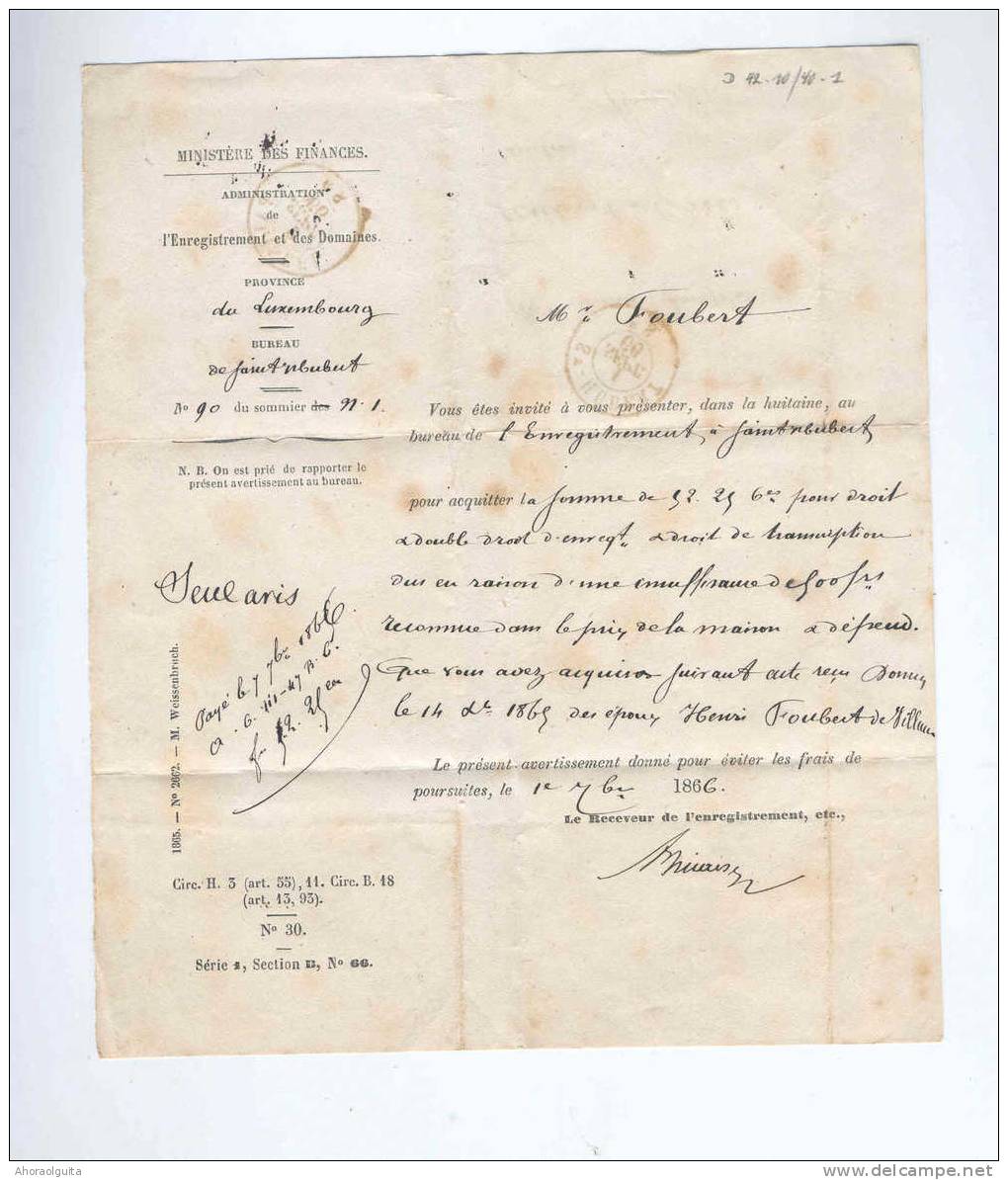 Lettre En Franchise Double Cercle ST HUBERT 1866 Vers MAISSIN Via DC PALISEUL  --  B7/136 - Portofreiheit