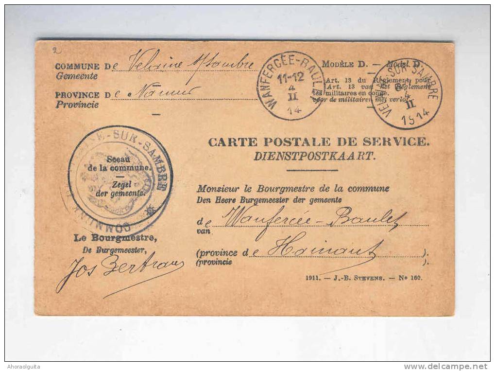 Carte De Service En Franchise VELAINE SUR SAMBRE 1914 Vers WANFERCEE BAULET - Cachets Des 2 Communes  --  B7/139 - Franchise