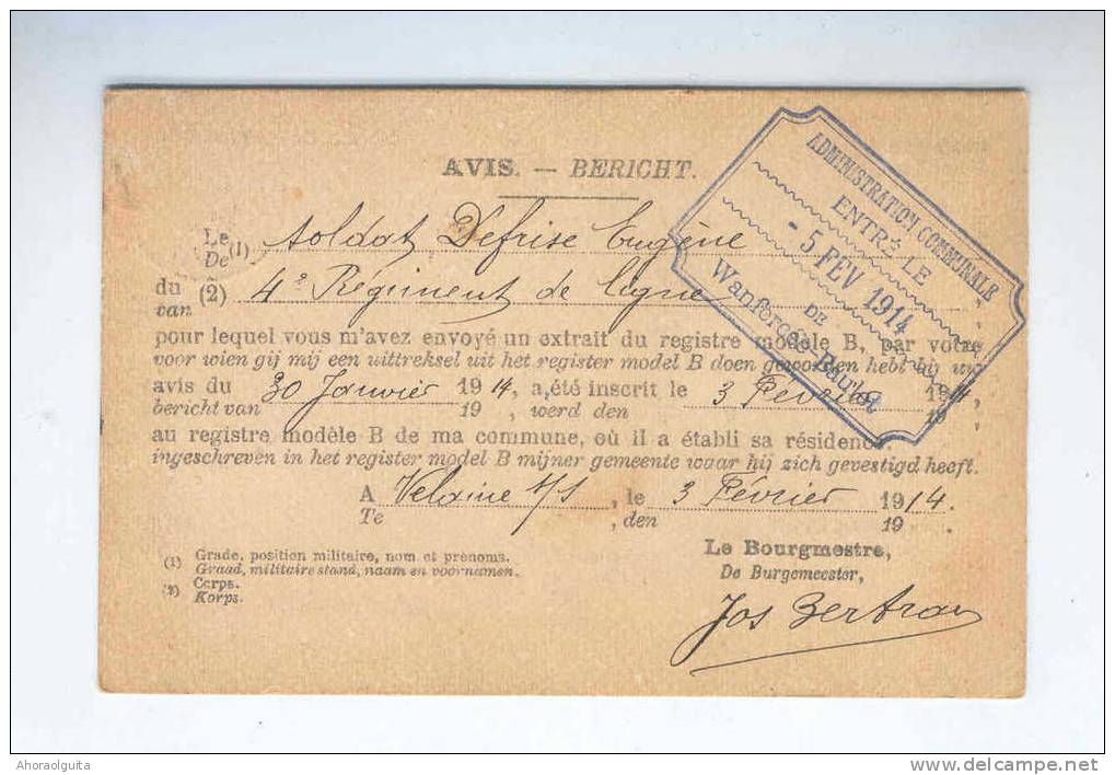 Carte De Service En Franchise VELAINE SUR SAMBRE 1914 Vers WANFERCEE BAULET - Cachets Des 2 Communes  --  B7/139 - Franchise