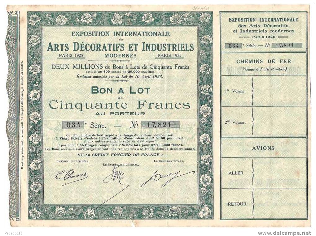 Bon à Lot De 50 F Exposition Internationale Des Arts Décoratifs Et Industriels - Paris 1925 - D - F