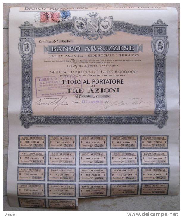 TITOLO AL PORTATORE DI 3 AZIONI BANCO ABRUZZESE TERAMO  ANNO 1930 - Banque & Assurance