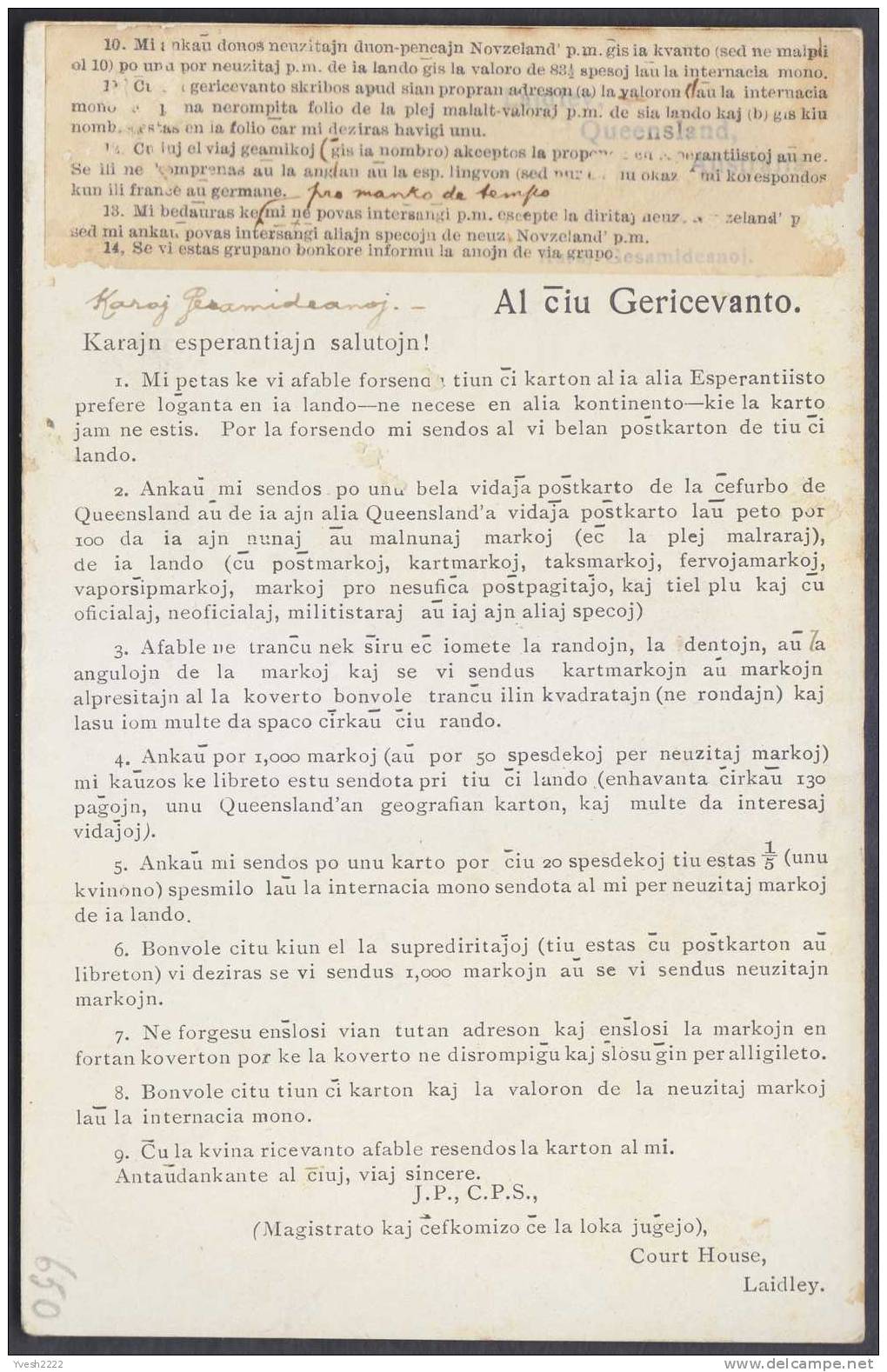 Queensland. 1898. Entier Postal Séparé En Cases, Texte Au Verso En Esperanto. Essai ?? Texte Et Cases Imprimées - Briefe U. Dokumente