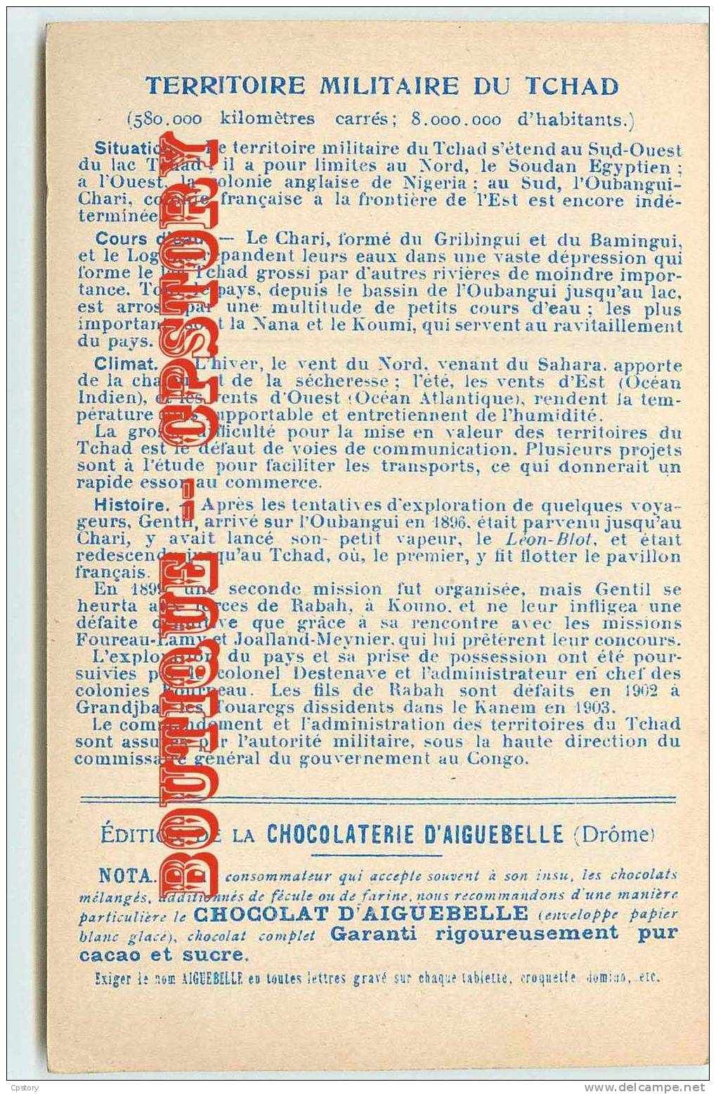 TCHAD - BEDONGA - CARTE GEOGRAPHIQUE Et DESCRIPTIF Du PAYS - Chocolaterie Et Chocolat D´Aiguebelle - Dos Scané - Tsjaad