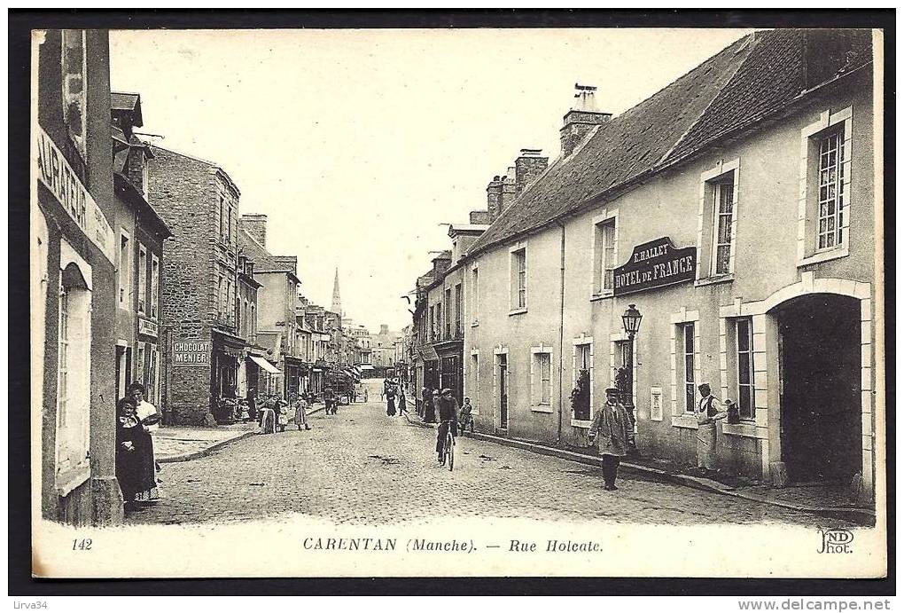 CPA  ANCIENNE- FRANCE- CARENTAN (50)- RUE HOLCATE AVEC TRES BELLE ANIMATION- HOTEL DE FRANCE- COMMERCES - Carentan