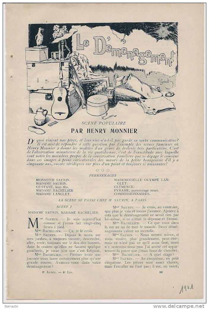 Feuillet De 1901 Theatre Comédie De Moeurs" LE DEMENAGEMENT Par Henry MONNIER" - Franse Schrijvers