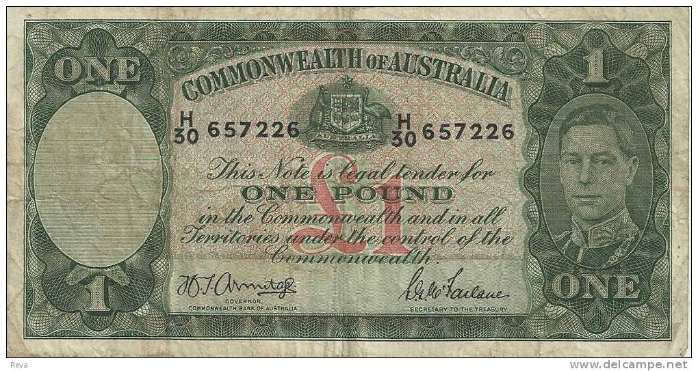 AUSTRALIA 1 POUND GREEN KGVI HEAD 2ND SIGNATURE  BACK MOTIF ND(1942) F+ CV$100  DARK BACK W.1966 READ DESCRIPTION - 1938-52