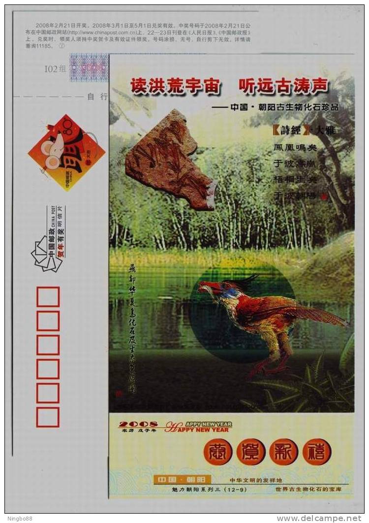 Catbayornis Yandica Bird Fossil,CN08 Chaoyang Treasure-House Of Fossil On Earth Advertising Pre-stamped Card - Fossilien