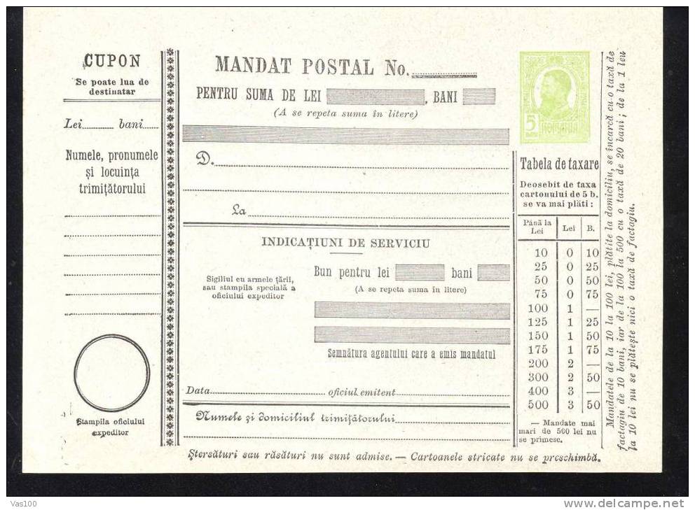 190? BULETIN D´EXPEDITION MANDATE POSTALE INTERNATIONALE,IMPRINTED POSTAGE 5 BANI,CAROL.(A6) - Postpaketten