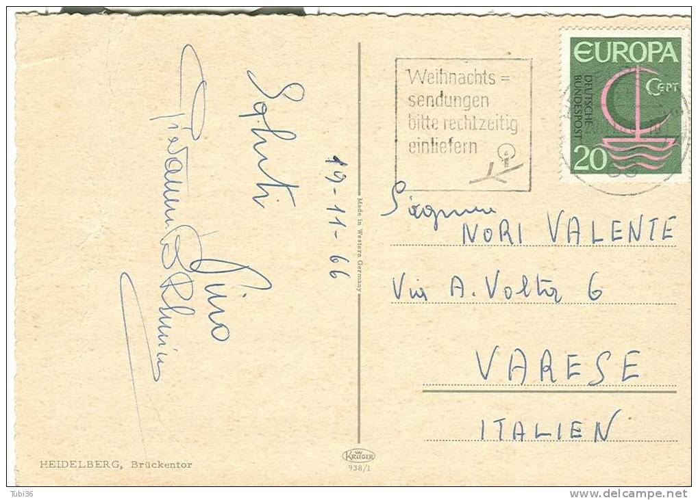 EUROPA  CEPT - 20 - SU CARTOLINA COLORI HEIDELBERG - VIAGGIATA  1966 - - Cartas & Documentos