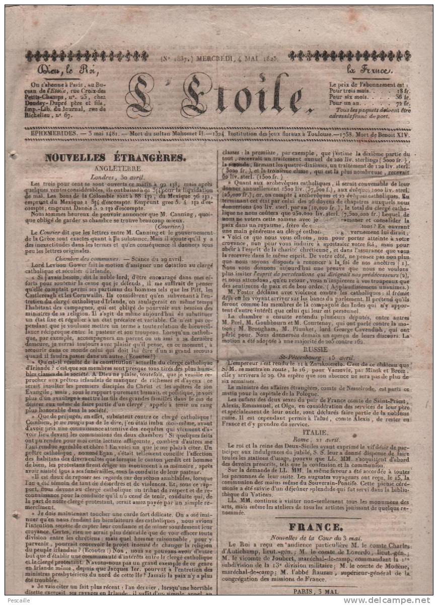 L´ETOILE 04 05 1825 - IRLANDE - BUDGET 1823 - DETTE PUBLIQUE - INDEMNITE EMIGRES - - 1800 - 1849