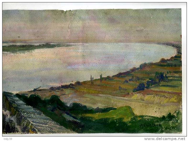 - BASTIDE DE MONTPAZIER . AU DOS ESTUAIRE DE LA GIRONDE . GOUACHE RECTO-VERSO SIGNEE H. VINCENT ET DATEE 1955 - Gouaches