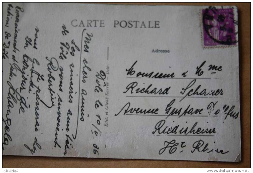 RARE CPA DE LOUIS PASTEUR Né A DOLE JURA D'APRES CHAMPOLLION EN 1936  POUR RIEDISHEIN HT RHIN TIMBRE LA PAIX SEUL S/ DOC - Premi Nobel