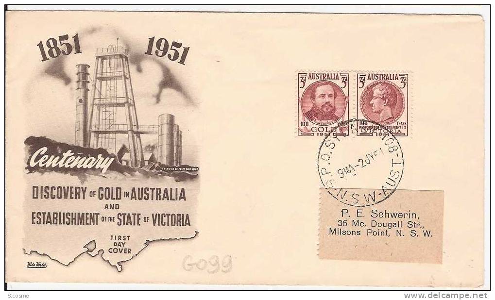 G099 - Enveloppe D´Australie FDC En 1951 - Centenaire De La Découverte De L'or - Marcophilie