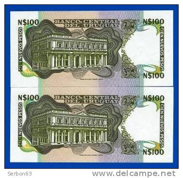 PAIRE DE BILLETS MONNAIE NEUFS URUGUAY AMERIQUE DU SUD 100 NUEVOS PESOS 3 SIGNATURES N°20983814 et 815 SERIE G - ARTIGAS