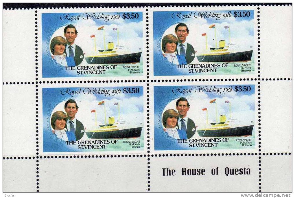 Hochzeitreise Lady Di Auf MS Britannia 1981 Grenadinen Of St. Vincent 216,ER Plus 4-Block ** 21$ Ship Sheet From Caribic - St.Vincent Und Die Grenadinen