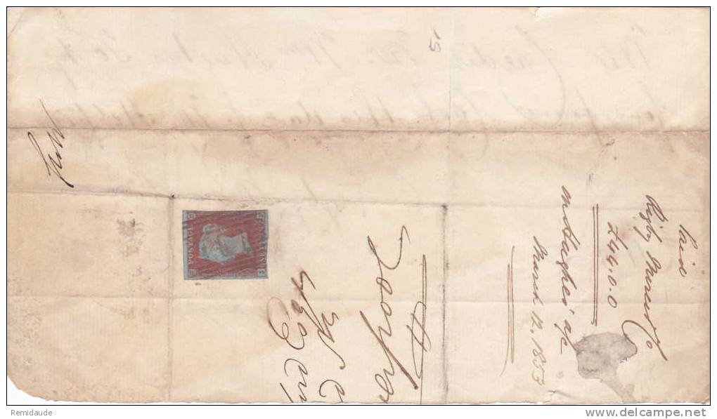 GRANDE BRETAGNE - 1853 - YVERT N° 3 (LETTRES J E) SUR FRAGMENT DE LETTRE POUR LIVERPOOL - Cartas & Documentos