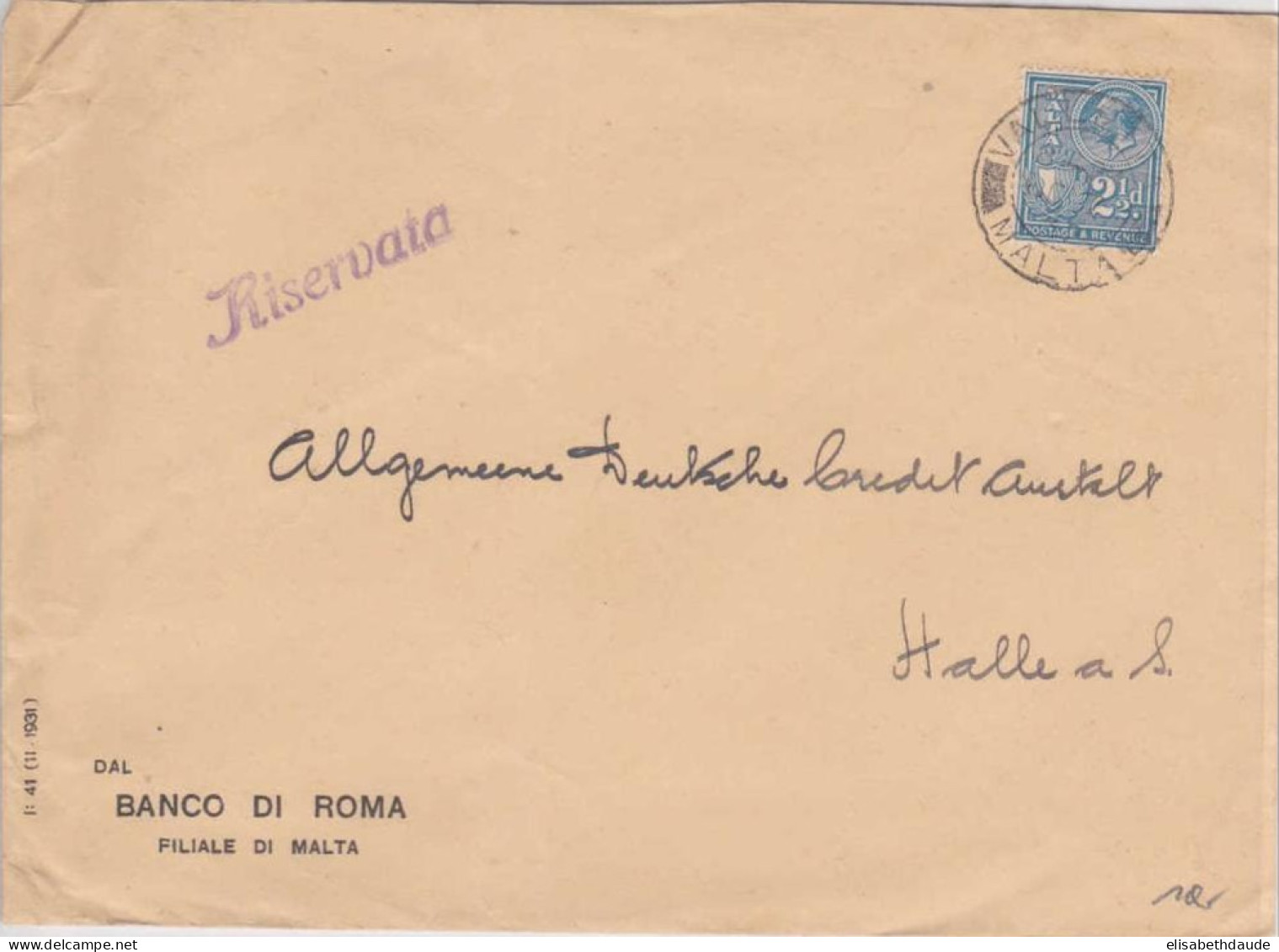 MALTA - 1932 - YVERT N°122 SEUL SUR LETTRE DE VALLETTA POUR HALLE (ALLEMAGNE) - Malte (...-1964)