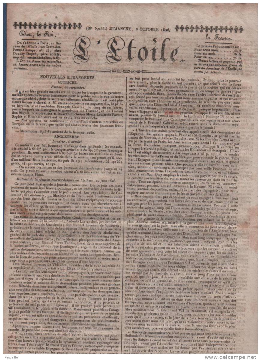 L´ETOILE 08 10 1826 - AMERIQUE DU SUD - BUENOS AIRES - DELIT ATHEISME - PEROU - CONGREGATIONS DE FEMMES - ECONOMIE - 1800 - 1849