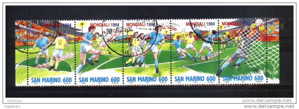 San Marino Yv1370-74 (u) Campeonato Mundial De Fútbol U.S.A. 1994. Serie Completa En Tira De 5. Ver - 1994 – Stati Uniti