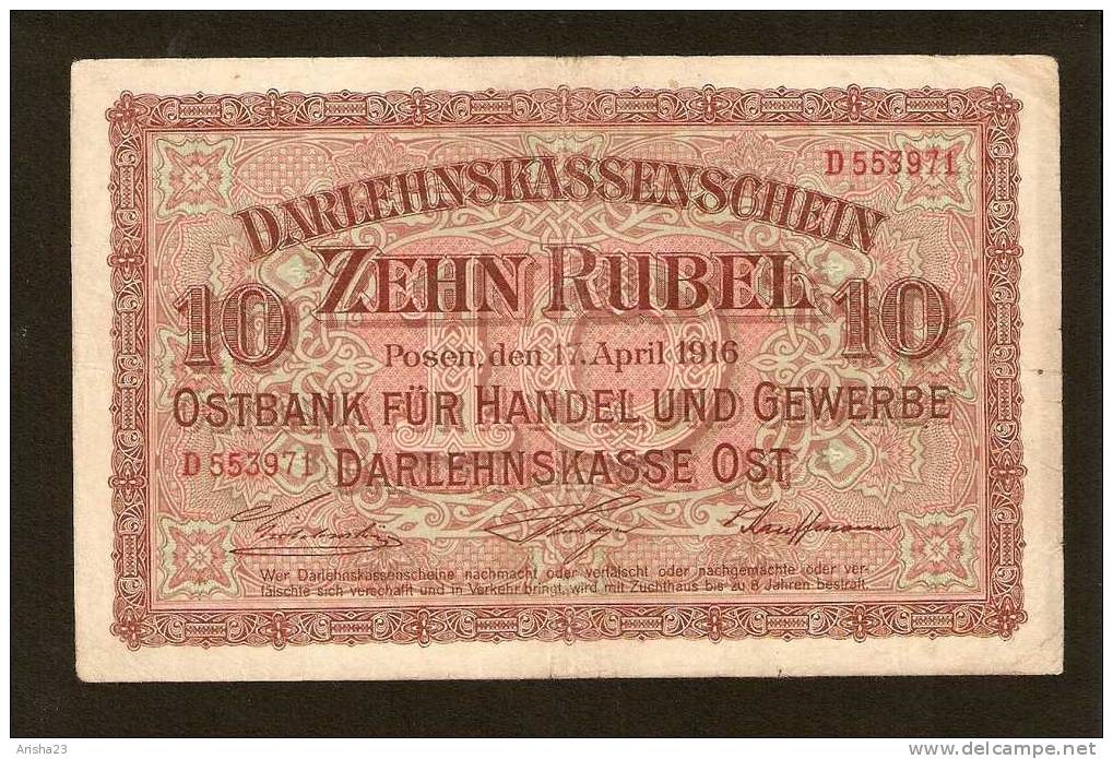 GE2. Germany,  Darlehnskasse Ost, Posen Poznan - 1916 - 10 Rubel Roubles - Ser. D553971 - 1° Guerre Mondiale