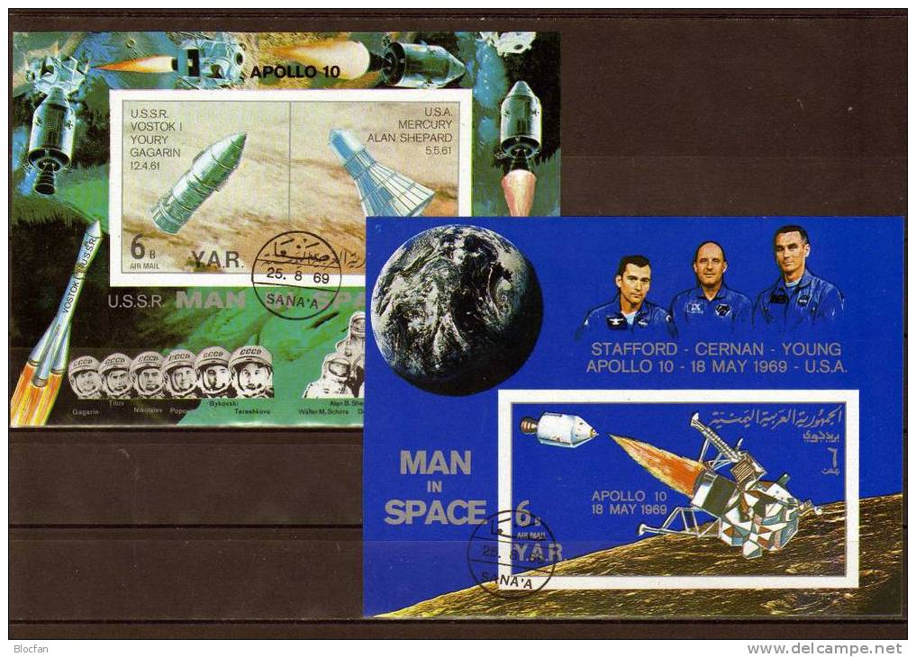 Raumfahrt Mercury Wostok 1969 YAR Jemen Block 104 Plus 105 O 24€ Apollo Mondumkreisung Hb Space Bloc Sheet Bf Yemen - Asie