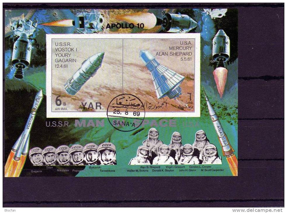 Raumfahrt Mercury Wostok 1969 YAR Jemen Block 104 Plus 105 O 24€ Apollo Mondumkreisung Hb Space Bloc Sheet Bf Yemen - Asien