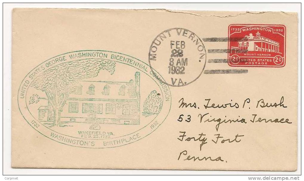 US - WASHINGTON´S BIRTHPLACE CACHETED ENTIRE COVER - WASHINGTON MOUNT VERNON - VF 1932 ENTIRE COVER - George Washington