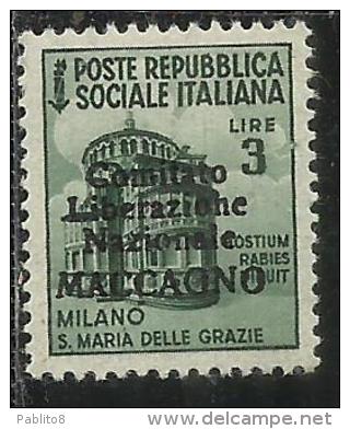 REPUBBLICA SOCIALE CLN MACCAGNO COMITATO DI LIBERAZIONE NAZIONALE 1945 LIRE 3 SOPRASTAMPA NERA MNH - Comité De Libération Nationale (CLN)