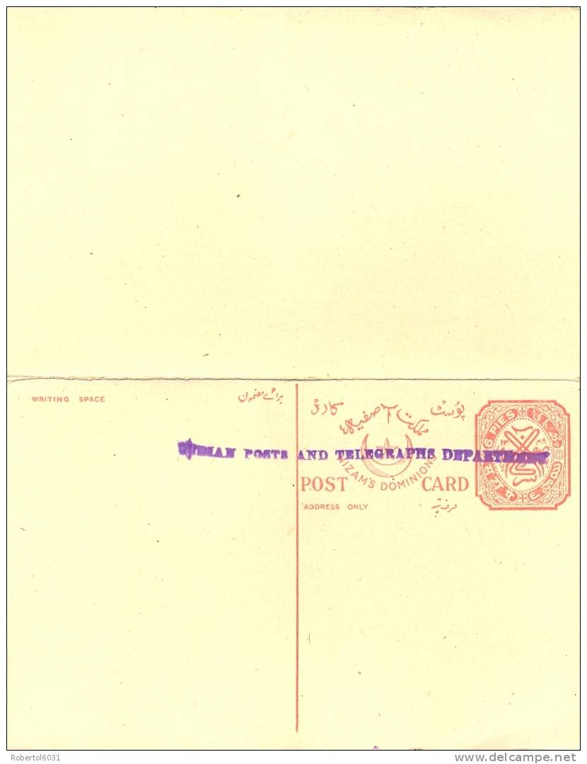 India Native States Hyderabad 1947 Postal Stationery 6 Pies + 6 Pies Reply-paid Postcard Attached Pair Mint - Hyderabad