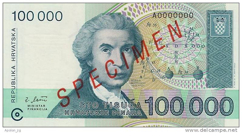 CROATIA -  KROATIEN:  100 000 Dinara 1993  UNC  P-27s  *SPECIMEN*  VERY RARE !!! - Croatie