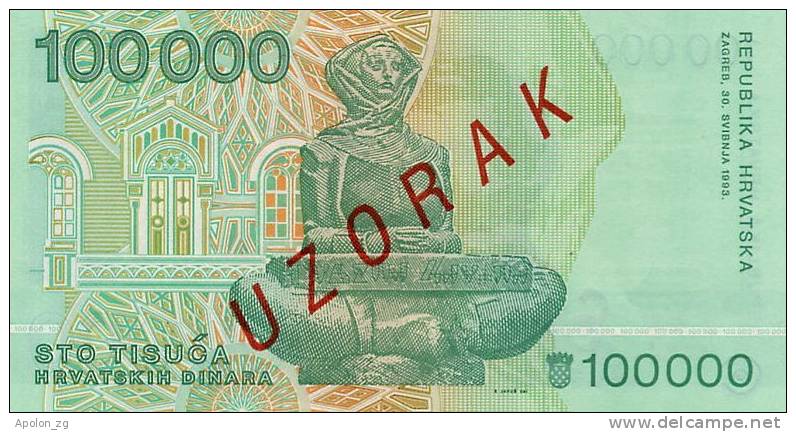 CROATIA -  KROATIEN:  100 000 Dinara 1993  UNC  P-27s  *SPECIMEN*  VERY RARE !!! - Croatie