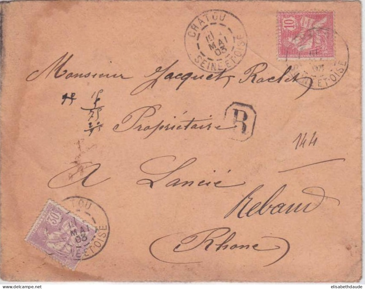 1903 - MOUCHON - YVERT N°124+128 Sur LETTRE RECOMMANDEE De CHATOU - 1900-02 Mouchon