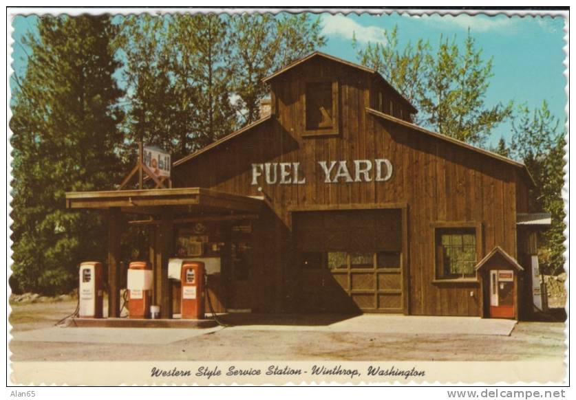 Winthrop WA Washington State Cascades, Gas Service Station Gas Pumps On C1960s/70s Vintage Postcard - Rutas Americanas