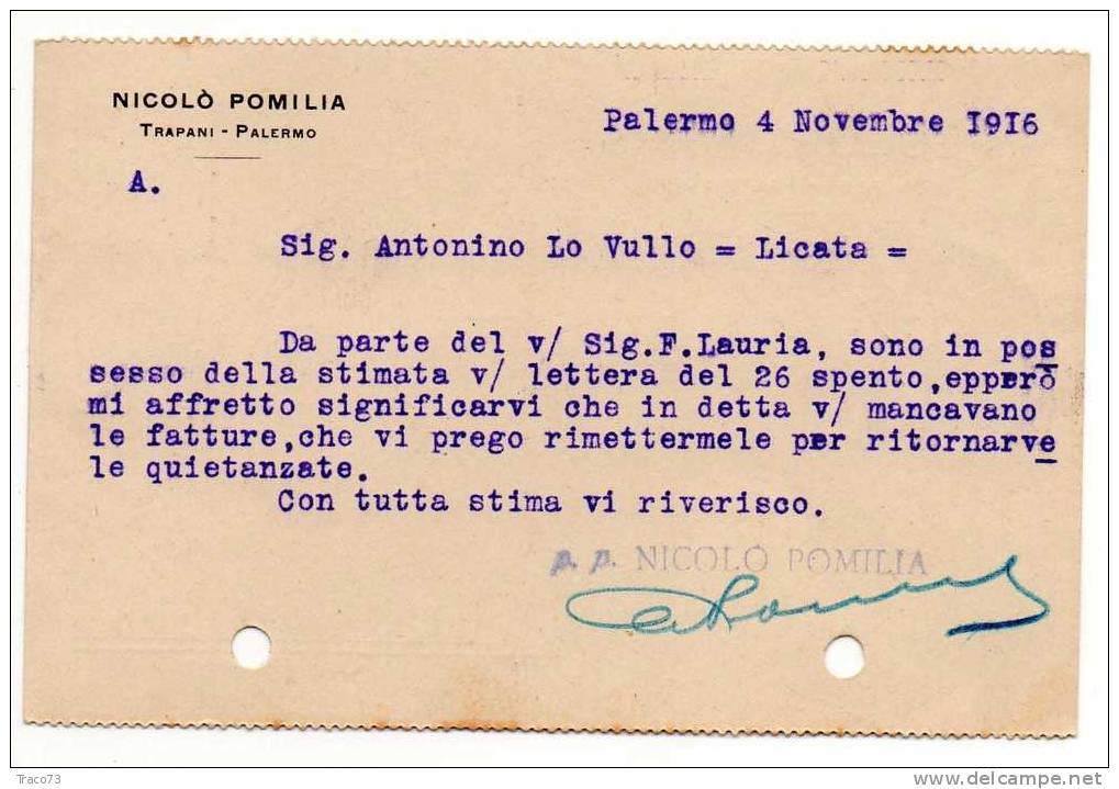 TRAPANI - PALERMO  -  "Nicolò Pomilia" FIRMA  -  Timbro Postale Palermo / Licata 4.11.1916 - Leoni Cent. 10 Isolato - Publicité