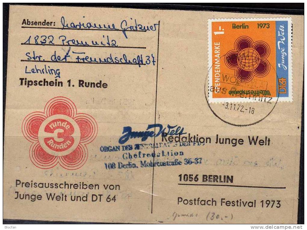 Weltfestspiele Berlin Sonderwert 1973 DDR Spenden-Marke Michel #1 O 90€ Offizielle Postkarte Mit DV 1.Runde Orange Rar - Altri & Non Classificati