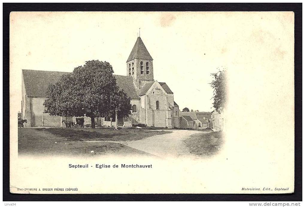 CPA  ANCIENNE- FRANCE- MONTCHAUVET (78)- L' EGLISE ROMANE EN GROS PLAN- ANIMATION- ATTELAGES- MARRONNIER EN FLEURS - Septeuil