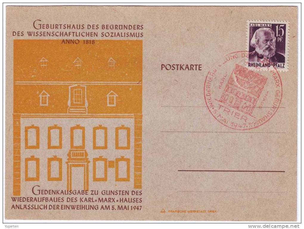 Entier Postal - Karl Marx  - 5.05.1947 - Variété Crochet Du K Manquant - Cachet TRIER + N°425 Au Dos - Oddities On Stamps