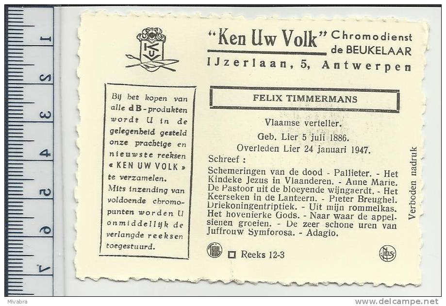 LIER - FELIX TIMMERMANS - VLAAMSE VERTELLER / AUTEUR - CHROMO DE BEUKELAAR - De Beukelaer