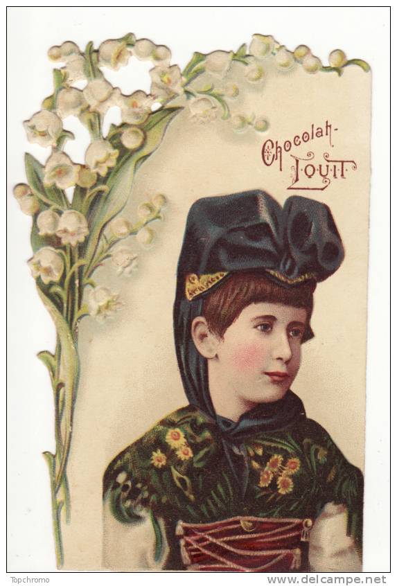 CHROMO Découpis Chocolat Louit Fille Fillette Coiffe Buste Fleurs Muguet Habit Traditionnel - Other & Unclassified